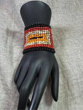 Graziano Boho Red, White, Black & Orange Beaded Cuff Bracelet